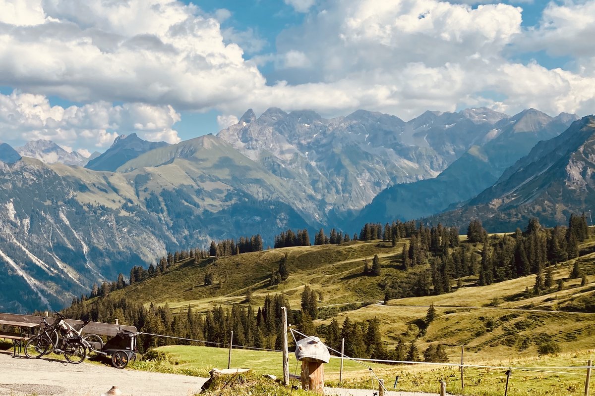 E-Bikes mit Kinderanhänger an einer Almhütte auf der Schlappoldalm, Hauptkamm der Allgäuer Alpen im Hintergrund