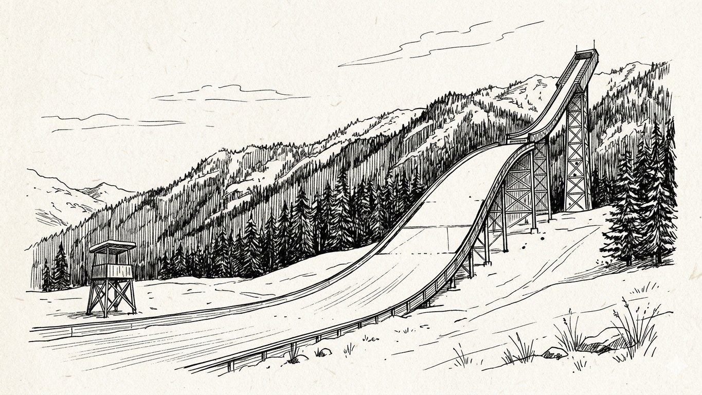 Pen-and-ink drawing: ski-flying hill in the forest