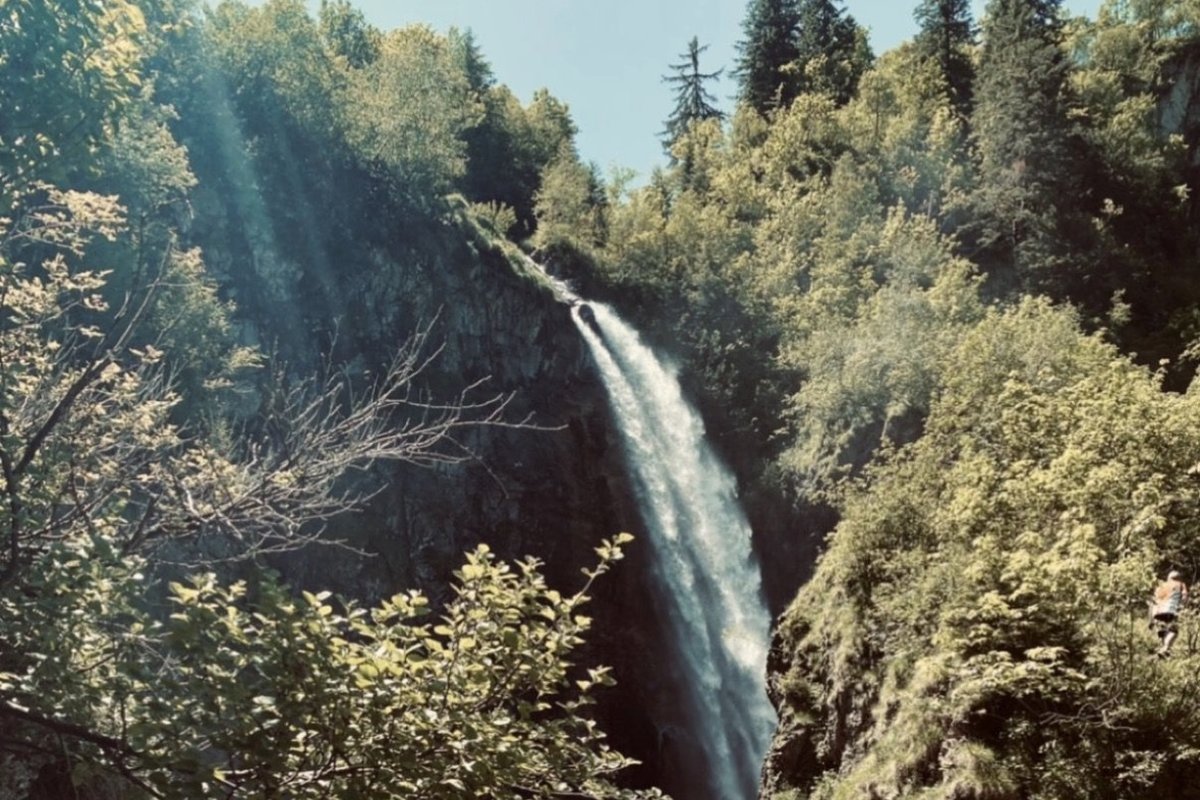 Waterfall on the climb to Käseralpe, a sunbeam falling through the canopy into the gorge